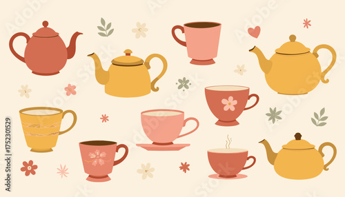Charming tea set illustration with teapots and cups in pastel colors on a light background
