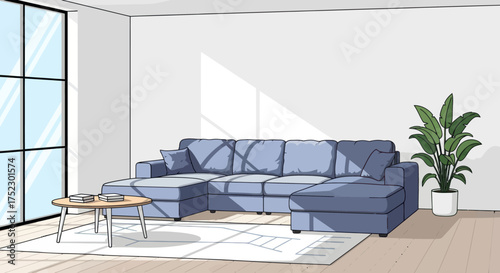 Sunlit modern living room interior illustration with a blue sectional sofa coffee table and houseplant.