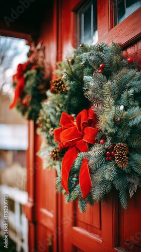 Beautiful Holiday Wreaths With Red Bows on a Red Door Near Christmas Time