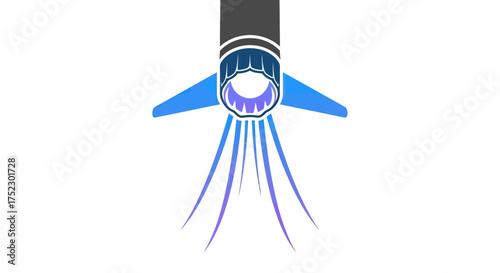 Stylized Rocket Launching with Blue Flames and Wings Vector Illustration.