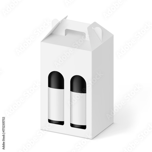 Gable box wine carrier with bottles mockup. Vector illustration isolated on white background. Easy to use for presentation your product, idea, promo, design. EPS10.