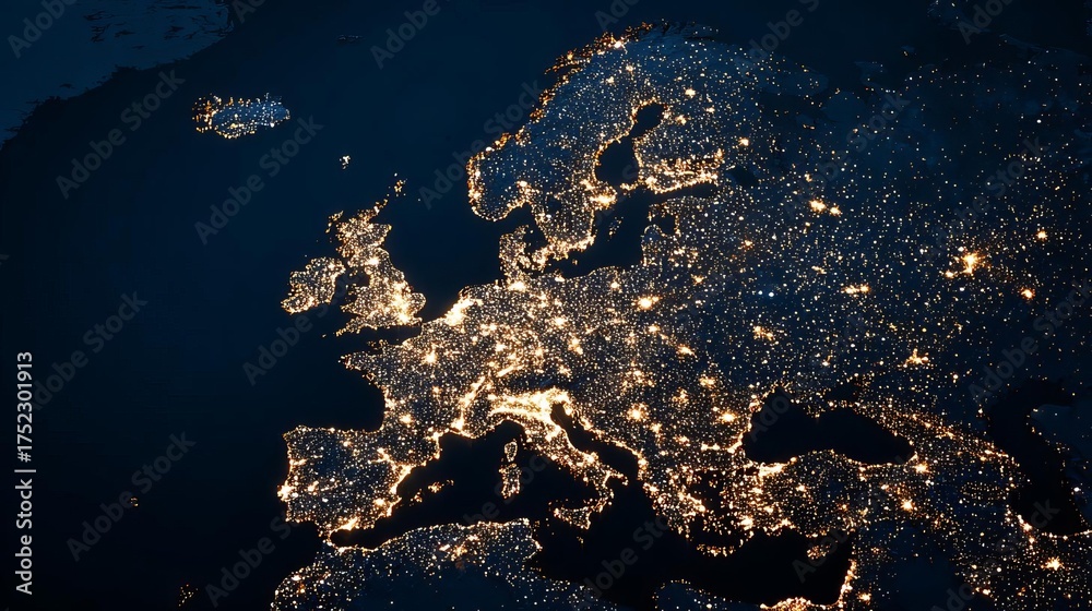 Obraz premium A stunning aerial view of Europe beautifully lit up at night showcasing vibrant city lights across the continent