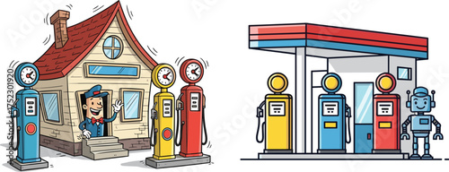 Vintage and modern gas station comparison, cartoon illustration, fuel pump evolution, robot automation, retro service, vector art for stock