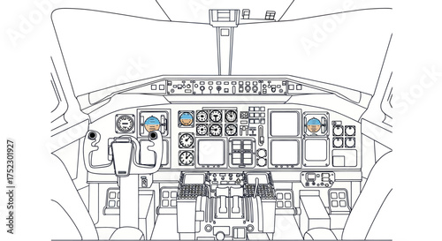 Detailed Line Drawing of an Airplane Cockpit Instrument Panel and Controls.