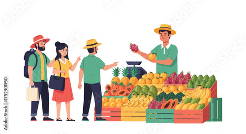 Diverse group of people shopping at a vibrant fruit market stall.