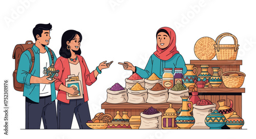 Diverse shoppers interact with a vendor at a vibrant spice market stall.