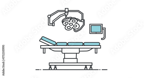 Minimalist line art illustration of a hospital operating room with a surgical table and lamp.
