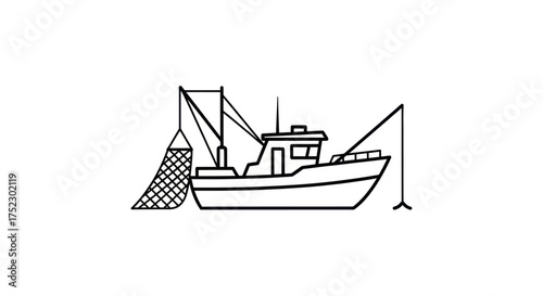 Detailed Outline Drawing of a Fishing Trawler with Nets and Crane.