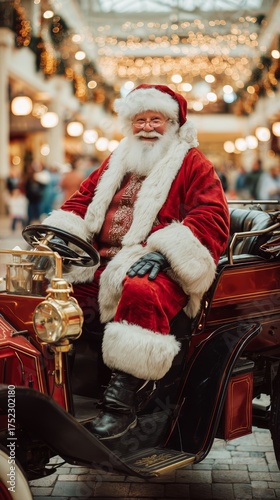 Santa Claus Dressed in Red Suit Sitting in a Vintage Car During Festive Holid...