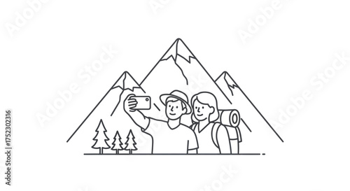 Couple Taking Selfie with Mountains and Backpacks Line Art.