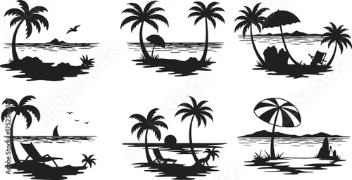 Tropical beach silhouettes, palm trees, hammock, summer vacation, seaside relaxation, island paradise, travel holiday, coastal lifestyle, leisure, tourism, ocean waves