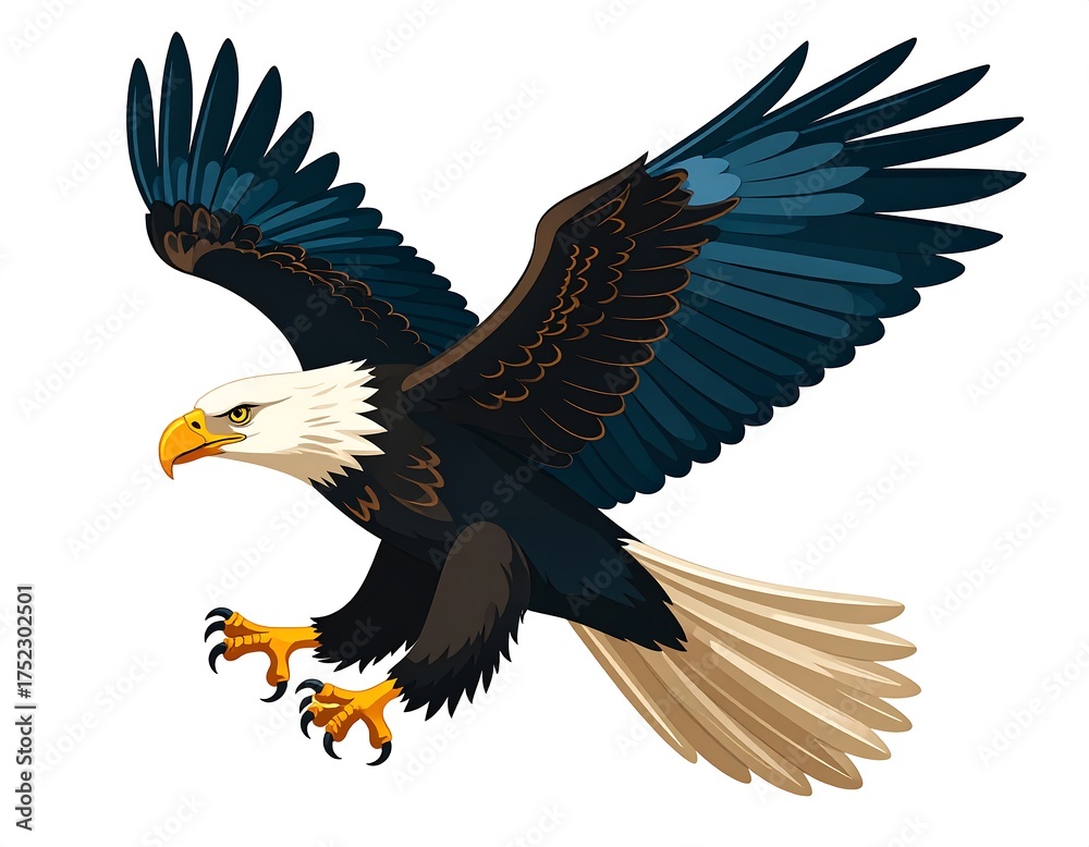 Obraz premium A majestic eagle is depicted in flight, wings outstretched, showcasing dark plumage and a white head, eyes sharp, talons extended