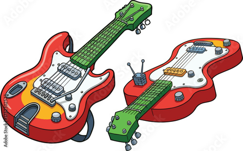 Fantasy electric guitars, cartoon musical instruments with tech features, colorful illustration, isolated clipart for creative design and branding use