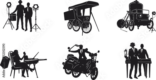 Vintage silhouettes, film set, photography, horse carriage, old car, motorcycle ride, creative professions, teamwork, retro lifestyle, history, collaboration, culture
