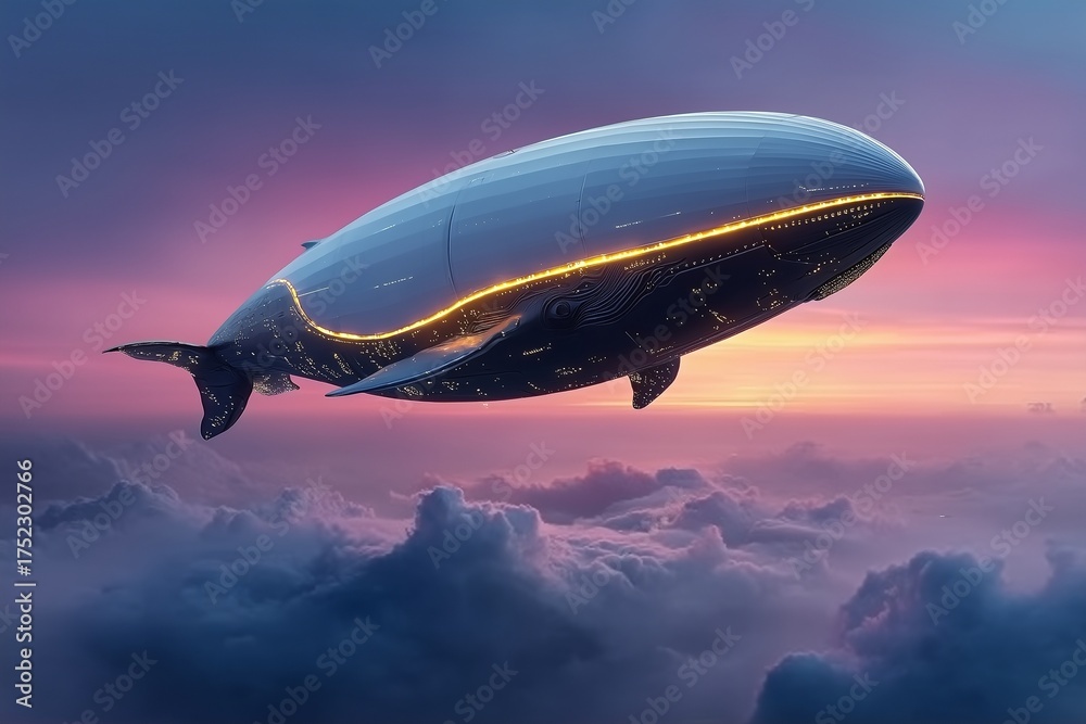 Obraz premium Futuristic Sky Whale Airship Soars Above Clouds at Dusk with Luminous LED Highlights