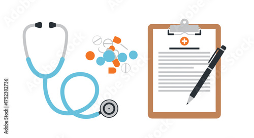 Medical healthcare essentials: stethoscope pills clipboard with form and pen.