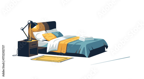 Modern Bedroom Interior with Bed Nightstand and Lamp.