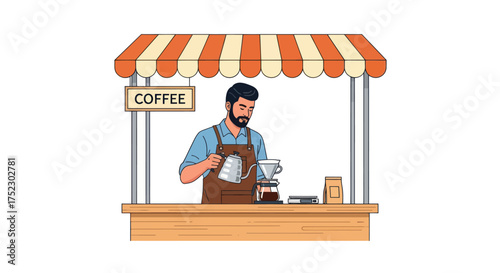 Barista preparing coffee at a street coffee stand with awning.