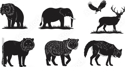 Wild animal silhouettes, lion, elephant, deer, bear, wolf, eagle, wildlife illustration, nature, forest, safari, predator, mammal, bird