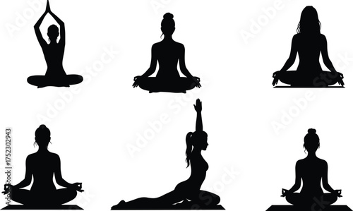 Yoga silhouette illustration, meditation posture, black vector art, seated poses, mindfulness practice, stretching exercise, spiritual lifestyle, relaxation design, wellness concept