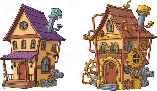 Whimsical steampunk houses, cartoon architecture with gears and pipes, fantasy home illustration, isolated clipart for creative design and branding