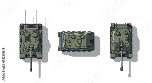 Three miniature military tanks viewed from above showcasing detailed camouflage and weaponry.