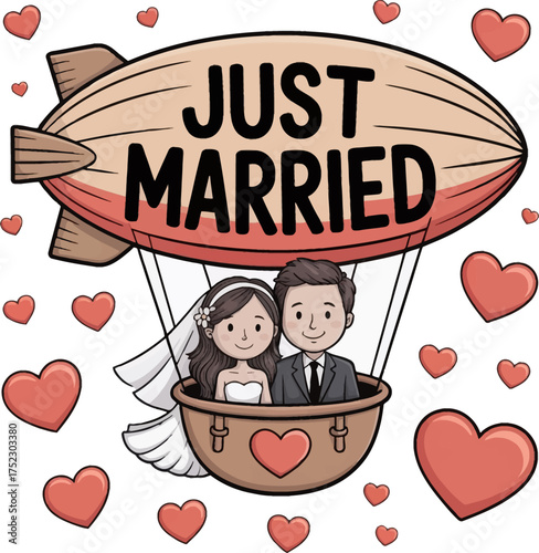 Just Married in a blimp: A newlywed couple embarks on a whimsical adventure, soaring through the sky in a romantic blimp adorned with hearts, symbolizing the beginning of their journey.
