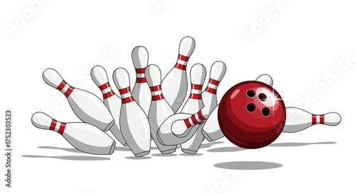 Red bowling ball scattering white pins in a strike.