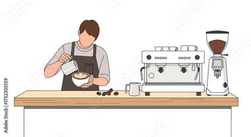 Barista Pouring Milk into Coffee Cup at Counter.
