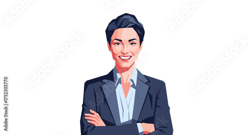 Smiling Businesswoman with Arms Crossed Wearing a Dark Suit and Light Shirt.