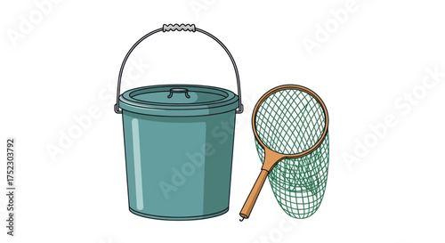 Teal Bucket with Handle and Fishing Net Illustration.