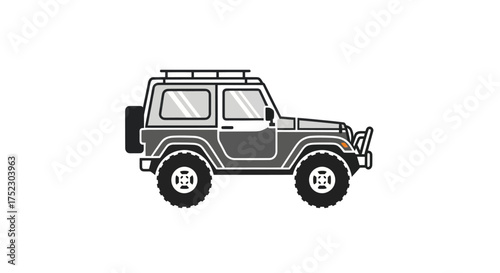 Monochromatic Off-Road SUV Illustration with Roof Rack and Spare Tire.