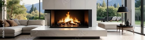 Contemporary home living space showcasing warm fireplace and expansive nature views.