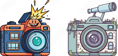 Whimsical cartoon cameras, playful photography gear illustration, anthropomorphic design with floral and fantasy elements, isolated clipart for creative branding use