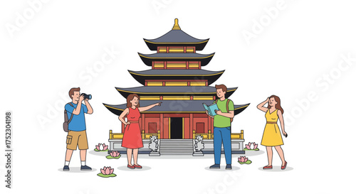 Traditional Asian Pagoda with Tourists Exploring and Photographing.