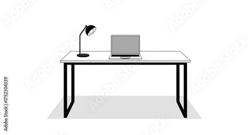 Minimalist Desk Setup with Laptop and Lamp Black and White Illustration.