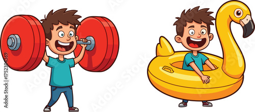 Cartoon boy lifting weights, pool float fun, playful contrast, cheerful character, fitness and leisure, red shoes, teal shirt, vibrant scene