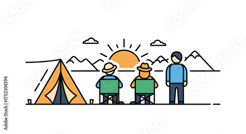 Three people enjoying a sunrise at a campsite with a tent and mountains.
