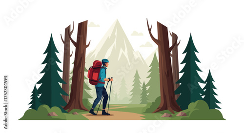 Adventurous hiker with red backpack and trekking poles exploring a scenic mountain forest trail.