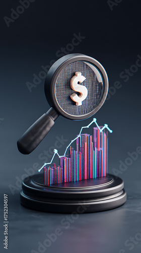 Analyzing financial data trends with magnifying glass digital market infographic studio environment conceptual viewpoint