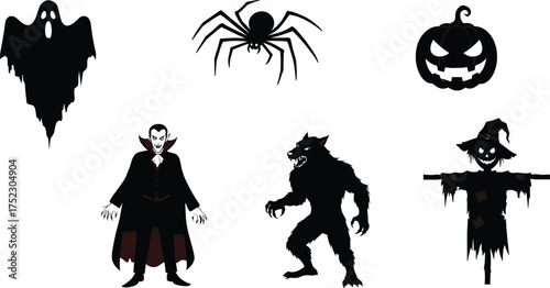 Halloween silhouette set, ghost, spider, pumpkin, vampire, werewolf, scarecrow, spooky character design, horror theme, festive illustration art