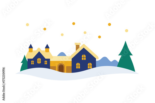 Charming snow covered village with glowing christmas lights at night