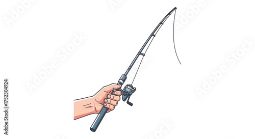 Hand Holding a Fishing Rod with Line and Reel.