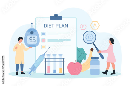 Diet plan for diabetes vector illustration. Cartoon tiny people planning nutrition for obesity control, healthy food for weight loss, doctor holding glucometer to monitor blood glucose levels