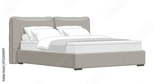 Modern Upholstered Bed with White Bedding and Headboard.
