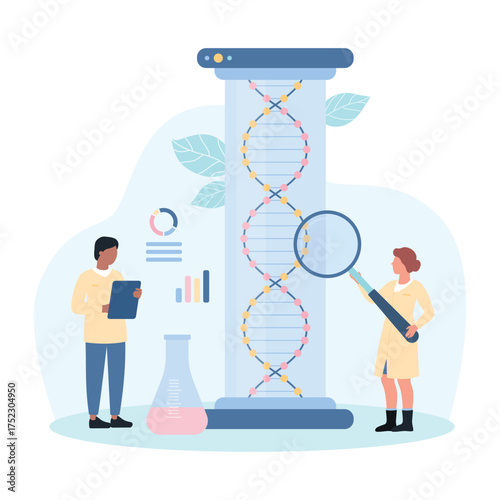 DNA research in biotech laboratory vector illustration. Cartoon tiny scientists or student in white coat study DNA molecular structure in lab test tube, genome analysis by people with magnifying glass