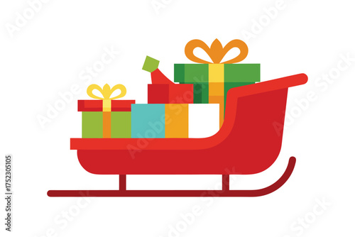 Festive sleigh overflowing with beautifully wrapped gift boxes and bows