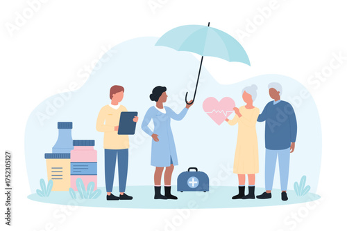 Life and health insurance for senior citizens vector illustration. Cartoon tiny people holding umbrella to care and protect couple of elderly people, safety and medical support for old patients