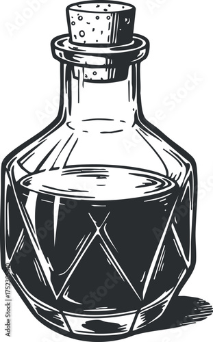 A vintage glass bottle with a cork, ideal for decorative or illustrative purposes.