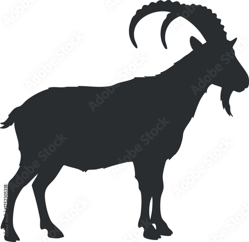 A black silhouette of a goat showcasing its distinct horns and body shape.